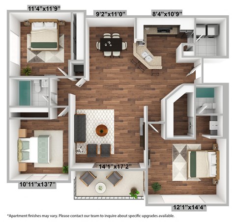 Floor plan for 3 beds, 2 baths, 1375 sqft